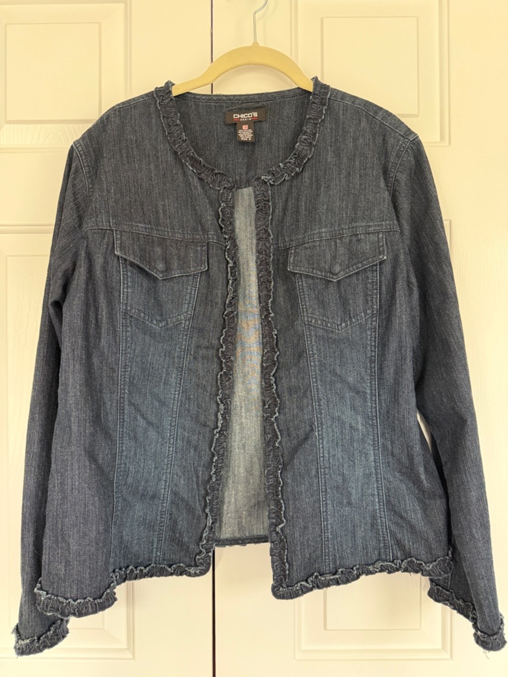 Chicos Dark Denim Ruffle  Edge Jacket